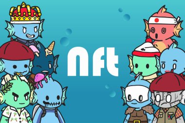 Fishyfam karakter koleksiyonu NFT. Okyanusun derinliklerindeki deniz yaratığı. Blockchain tabanlı sanat. Haber, makale, afiş ve baskı için kripto grafik çizimi.