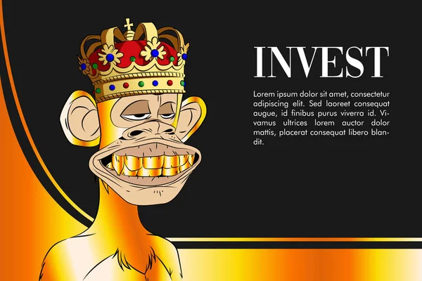 Bored Ape Yacht Club Nft Artwork Variant Golden Monkey Crown — Stock Vector