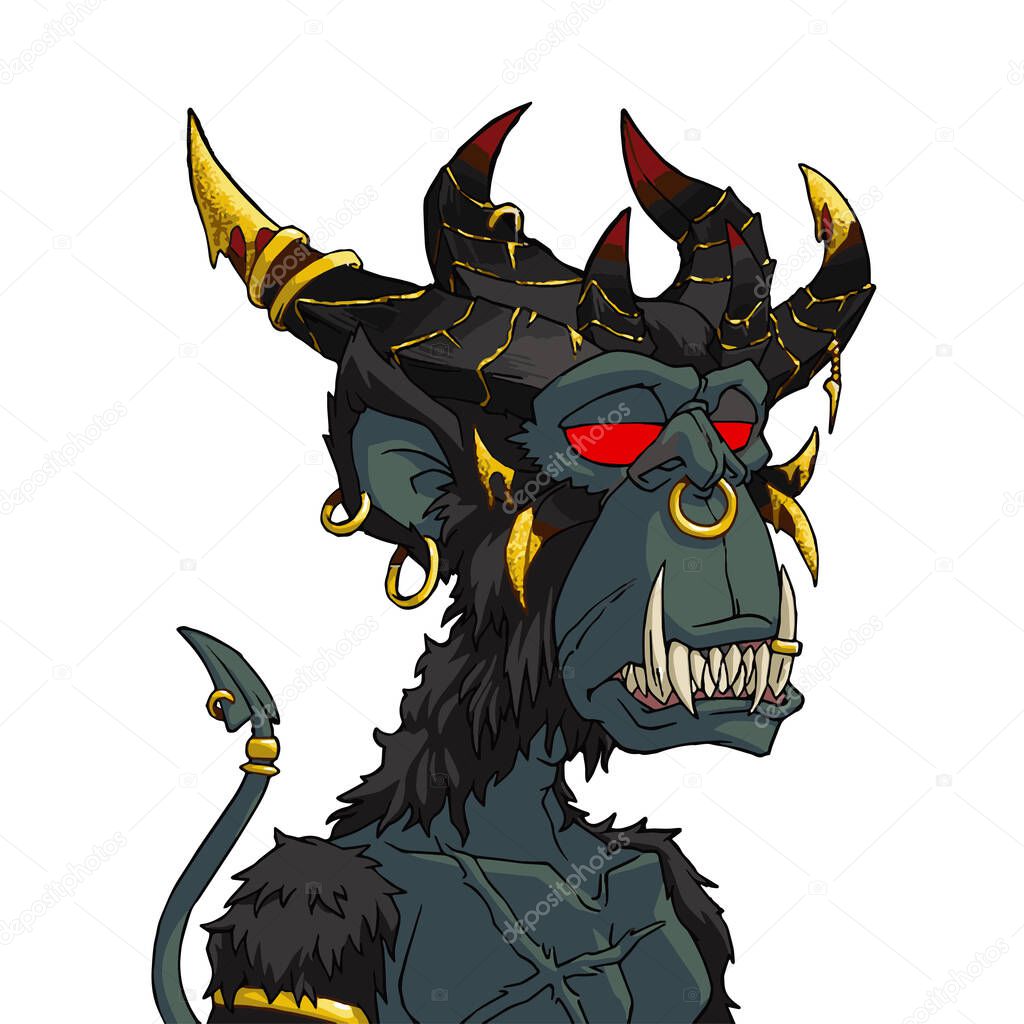 Mutant Ape yacht club character NFT artwork. Demonic monkey with horns and red eyes. Devil like creature portrait avatar. Vector illustration.