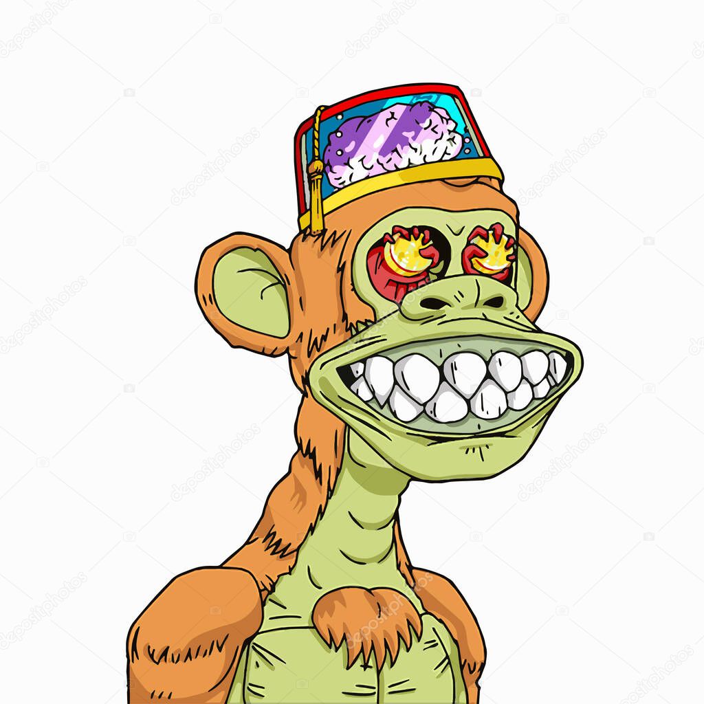 Mutant Ape yacht club character NFT artwork. Weird monkey with transparent hat portrait avatar. Vector illustration.