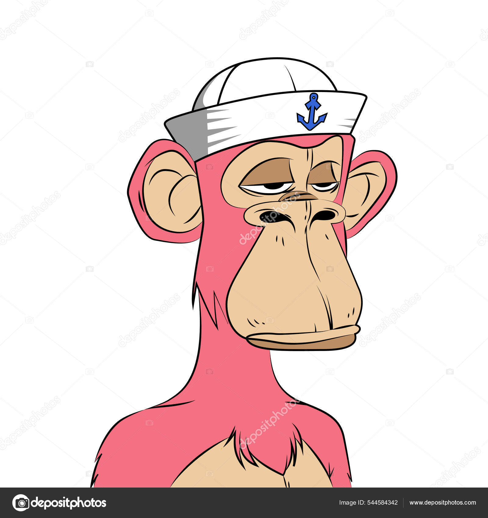 白い背景に水夫の帽子をかぶったピンクの猿 独自の限定版Nft猿アート 平面ベクトル図 ストックベクター ©MininyxDoodle 544584342, image size:1600x1700