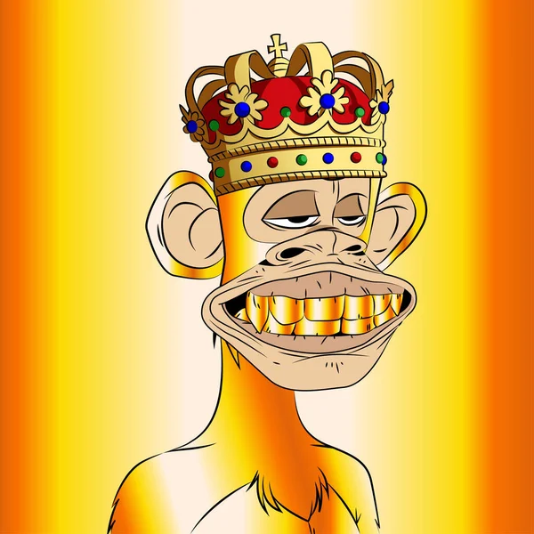 Golden Bored Ape King Gold Teeth Red Crown Nft Artwork — Stock Vector