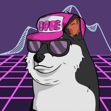 The doge pound karakteri NFT sanat eseri. Renkli arka planda izole edilmiş bir kostüm giyen vektör köpek çizimi. Sanat koleksiyonu.