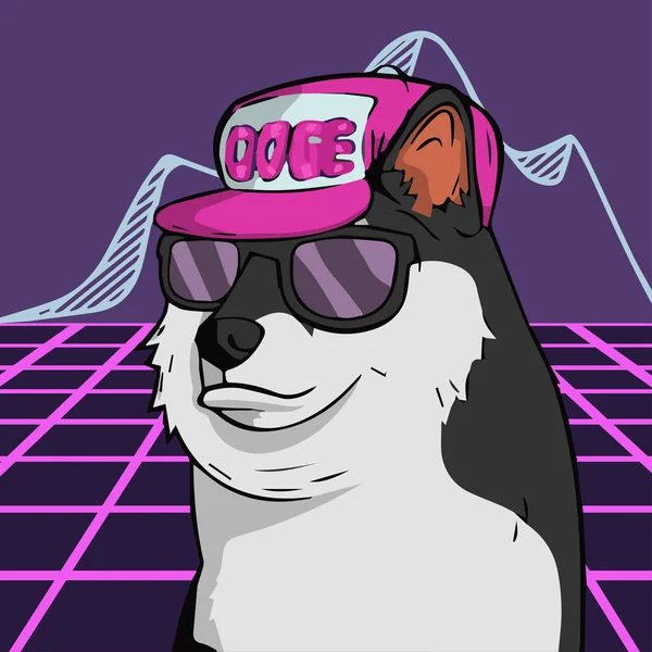 The doge pound karakteri NFT sanat eseri. Renkli arka planda izole edilmiş bir kostüm giyen vektör köpek çizimi. Sanat koleksiyonu.