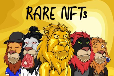 Rare NFTs character. Unique lazy lions collectibles. Blockchain based crypto art. Illustration for news, banner, poster, cover, and print. clipart