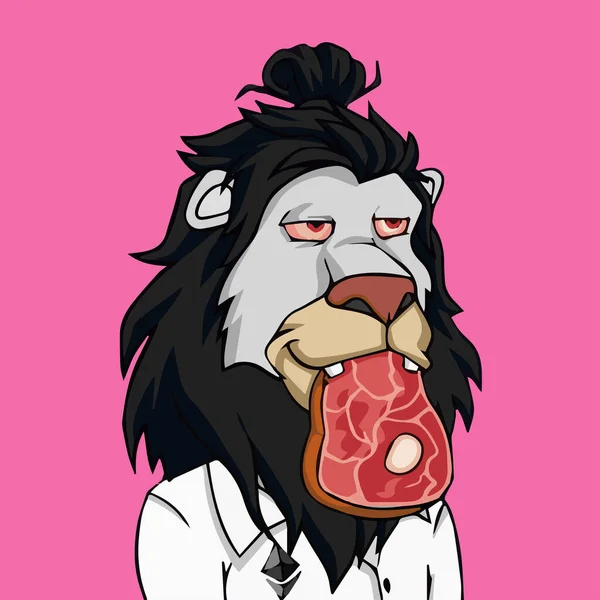 怠惰なライオンNftアートワークキャラクター 黒髪の肉を食べ 衣装を着て ユニークな特徴を持つ空腹のライオン アバターイラスト — ストックベクタ