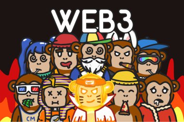 Havalı Mones Genesis karakteri NFT sanat koleksiyonu olan Web3 vektör illüstrasyonu. Gelecekçi engelleme zinciri ve kripto tabanlı internet teknolojisi. Haber makalesi, afiş ve poster için grafik tasarım kapağı