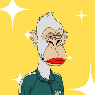 Desperate ape wife NFT unique character. Tired woman monkey wearing green jumpsuit and lipstick. Bored face animal isolated on yellow background. Vector illustration clipart
