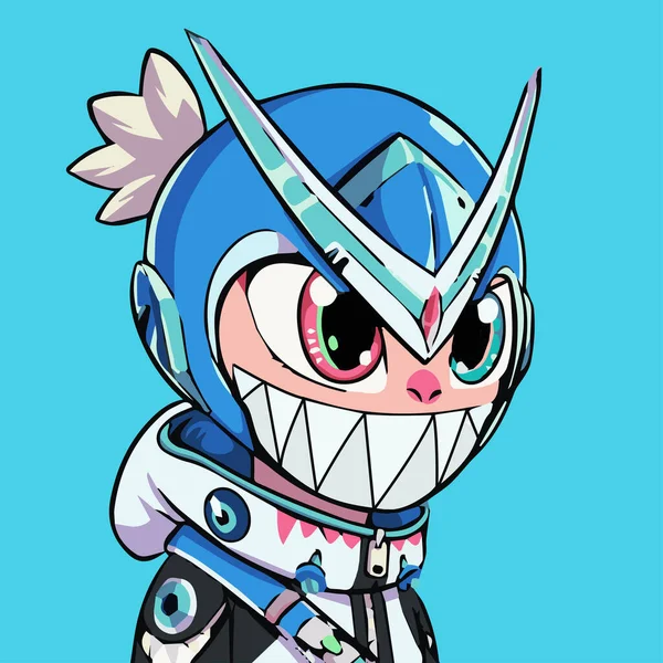 Karafuru独特的Nft角色 身着蓝色装甲服装的卡通形象 — 图库矢量图片
