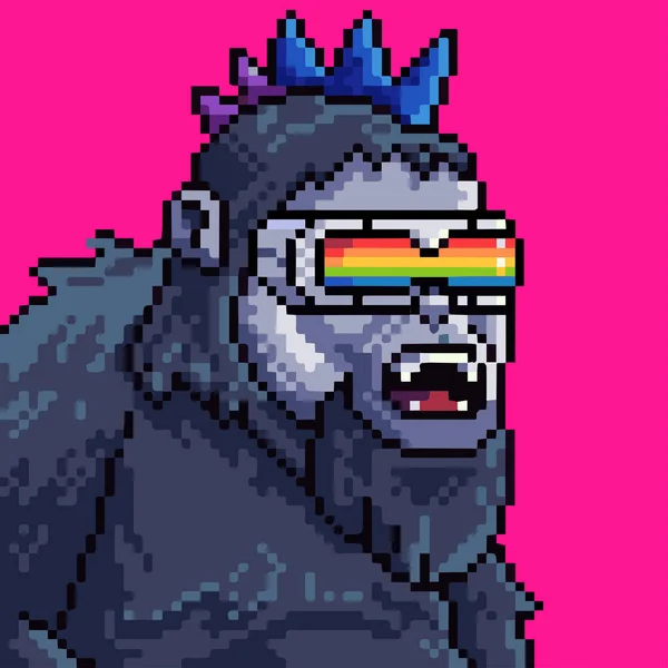 Galaktikus Majmok Pixel Művészet Nft Karakter Bites Gorilla Jelmezben Kiegészítőkben — Stock Vector