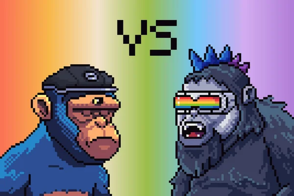 Galactic apes pixel art NFT character. 16 bit gorilla on rainbow background. Vibrant colorful animal fighting game asset. Portrait avatar flat illustration