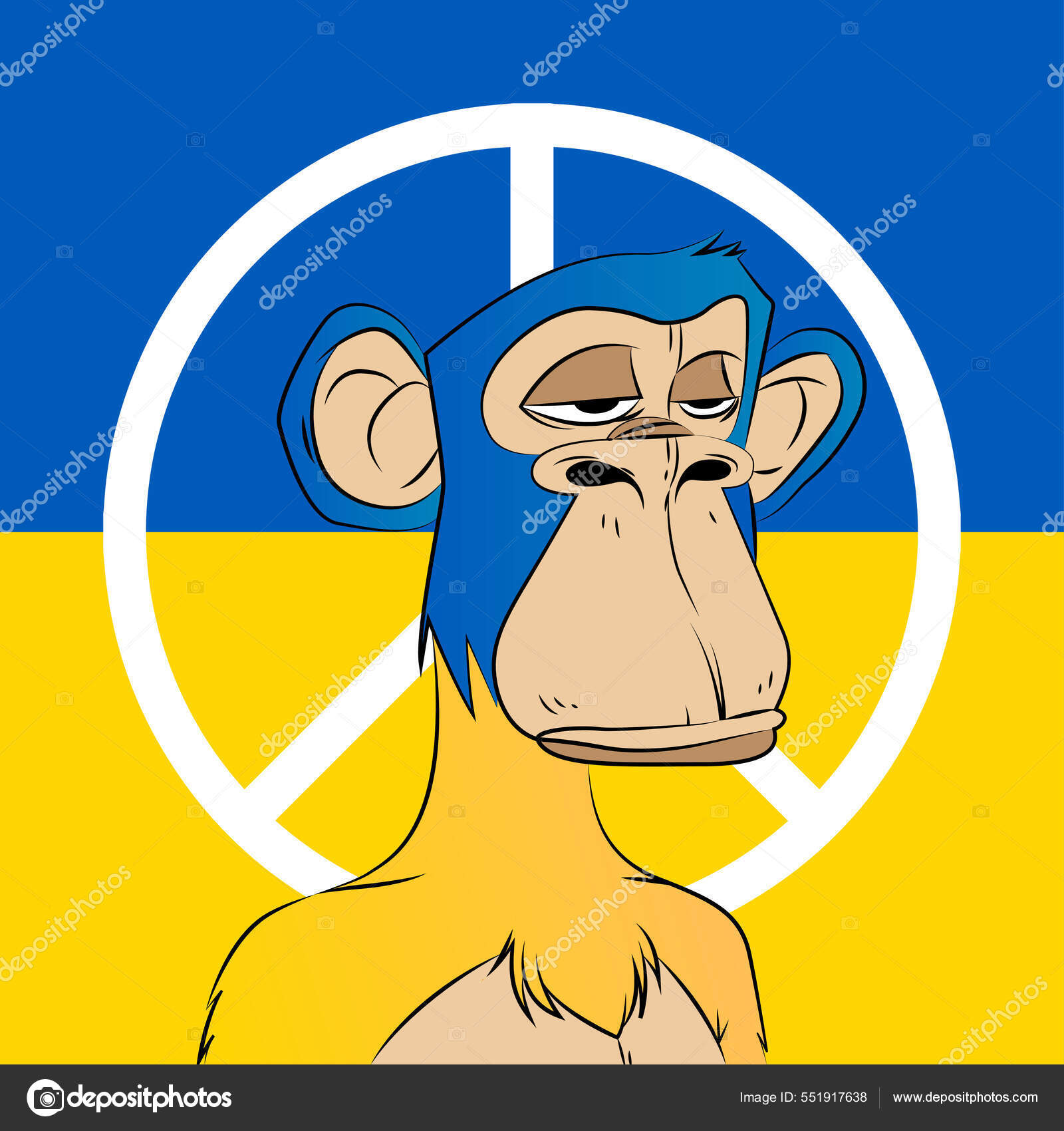 乌克兰无聊的猿猴游艇俱乐部Nft 蓝色和黄色的猿类有和平标志猴图解孤立在乌克兰国旗背景矢量说明图库矢量图©MininyxDoodle 551917638
