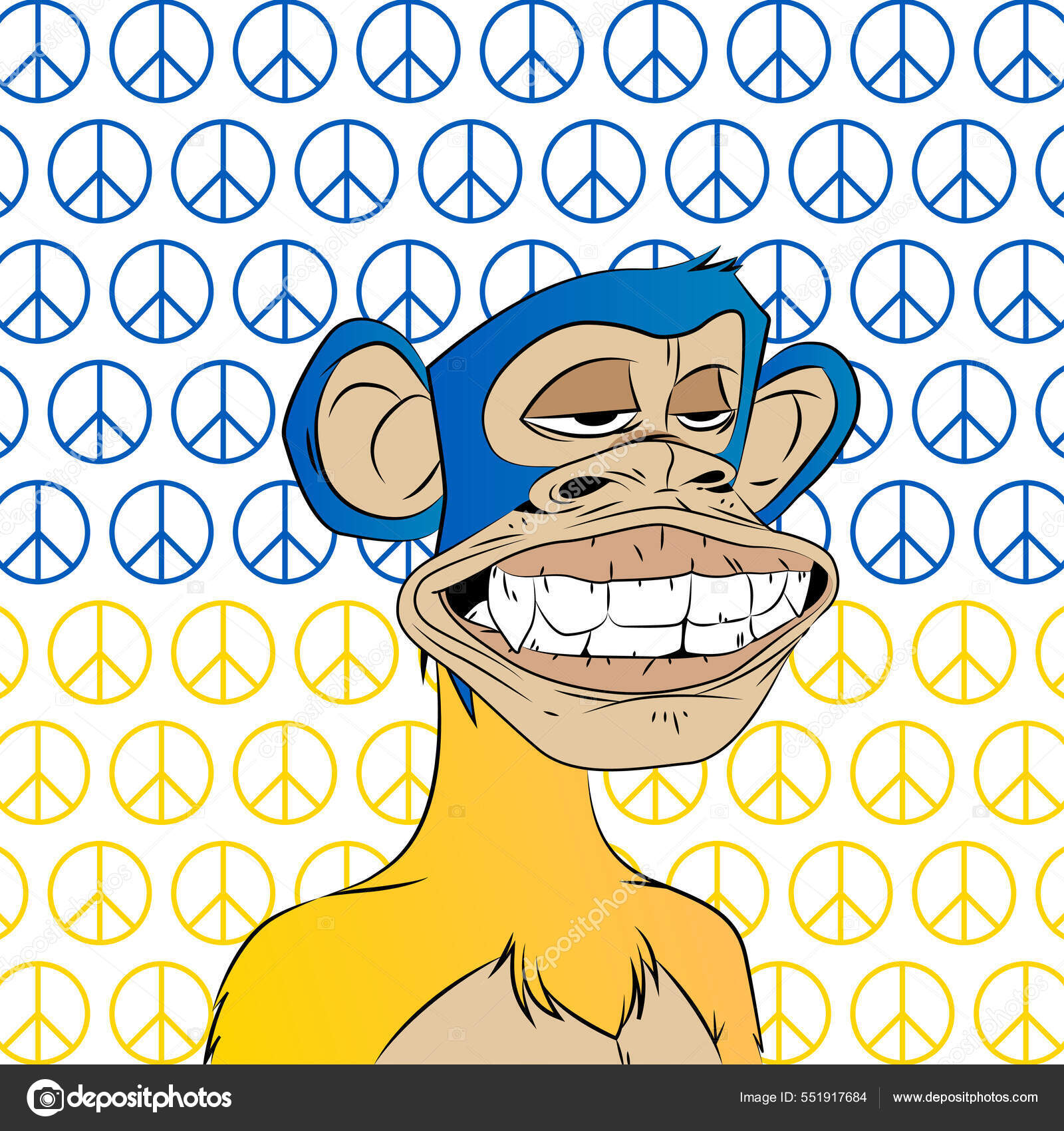 乌克兰无聊的猿猴游艇俱乐部Nft 蓝色和黄色的猿类有和平标志猴图解孤立在乌克兰国旗背景矢量说明图库矢量图©MininyxDoodle 551917684