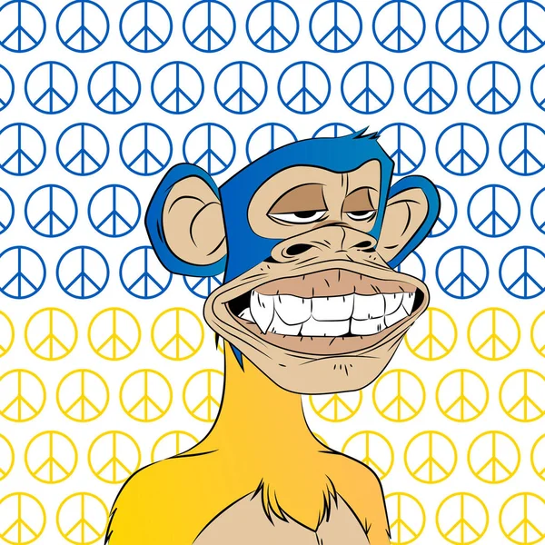 ウクライナ退屈猿ヨットクラブNft 平和の兆候と青と黄色の色の猿 ウクライナ国旗の背景に描かれた猿のイラスト ベクターイラスト — ストックベクタ