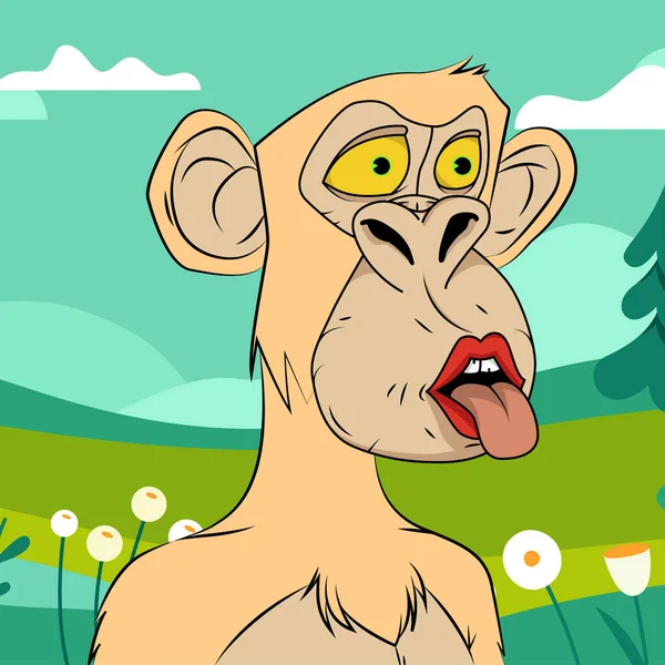 有橙色皮毛色的猿 用森林背景矢量图分离出具有舌头伸出 异型眼睛的无趣猴子 — 图库矢量图片
