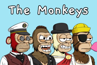monkey pfp illustration. Ape with beady eyes wearing custom traits. NFT base character vector illustration clipart