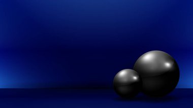 Mavi 3D oda arka planı, iki siyah top, üç boyutlu arka plan. Temel RGB
