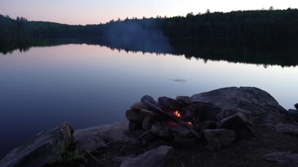 用篝火和跳跃鱼遮挡湖滨的景色 — 图库视频影像