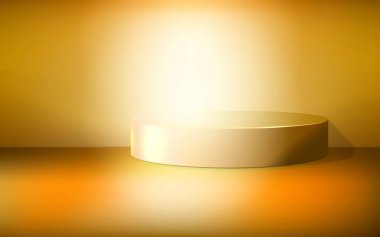 3D altın arkaplan ürünleri bej kaidesi ile en az podyum sahnesi. 3d arkaplan vektörünü podyum ile görüntüle. 3D kozmetik ürünlerini gösteriyor. Stüdyo bej kürsüde sahne gösterisi.