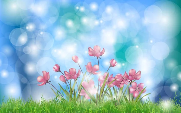 Pink Flowers Grass Beautiful Blue Sky Background Sparkling Dew Drops — Stock Vector