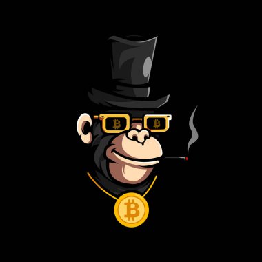 Zengin goril, maskot logosu tasarım vektörü içerken bitcoin kolye takıyor.