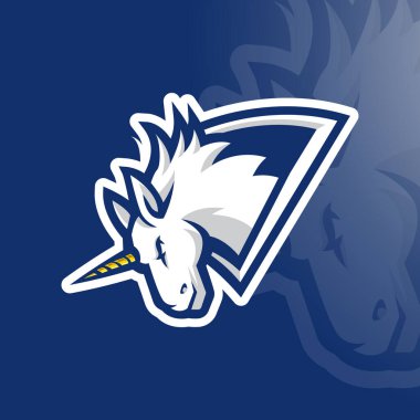 Rozet, amblem ve tişört baskısı için modern illüstrasyon konsepti tarzına sahip Beyaz Tekboynuz esport oyun logosu tasarım vektörü