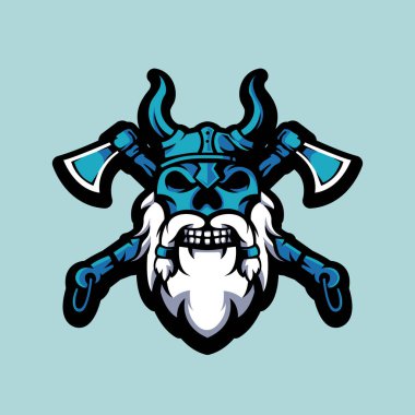 Mavi zemin üzerinde izole edilmiş iki eksen maskotu logo tasarım illüstrasyon vektörü olan Viking kafatası