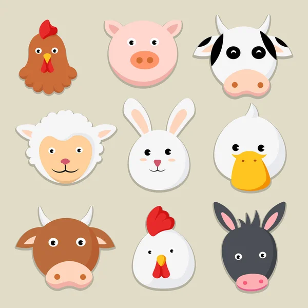 Farm Animals Cartoon Icons Set Chicken Pig Cow Sheep Rabbit — Stockvektor
