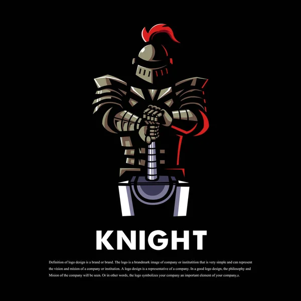 骑士手持一个大型剑运动吉祥物标志设计矢量与现代插图概念风格的徽章 徽章和T恤打印 — 图库矢量图片