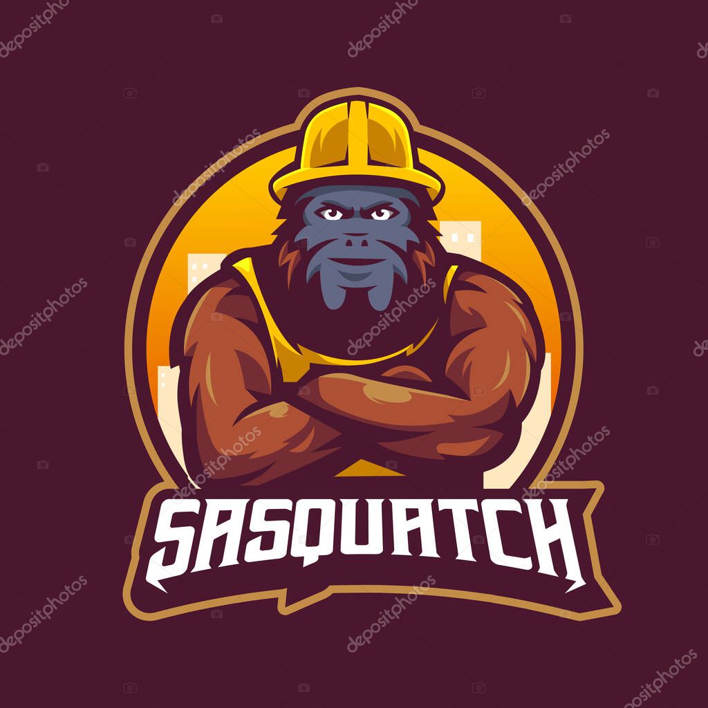 Sasquatch mascot logo design illustration vector. Bigfoot wears constructor uniform
