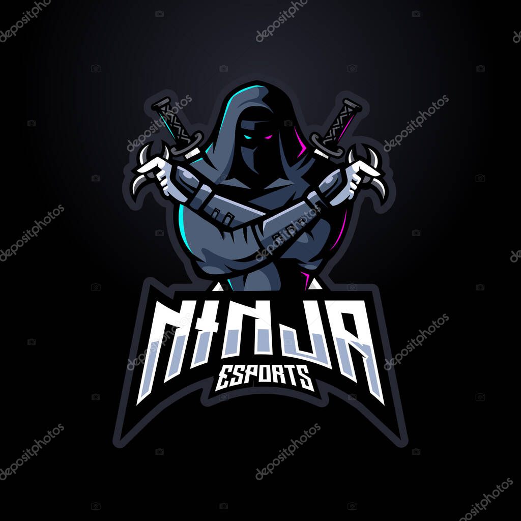 Dark ninja mascot logo for team esport gaming badge emblem and t-shirt design