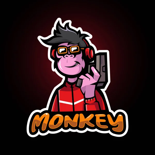 Logotipo Mascota Dibujos Animados Geek Monkey Chimpancé Holding Gun Diseño — Archivo Imágenes Vectoriales
