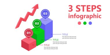 Business infographics. Ladder of progress, career growth, financial success, consisting of 3 steps, with an arrow tending upward. 3 D. Vector illustration.