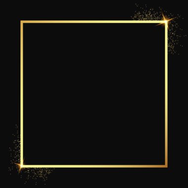 Black background with gold frame, sparkling stars and glitter effect. Suitable for banners, posters, social media posts. Vector illustration.