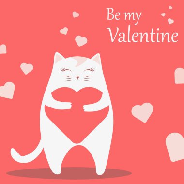 Sevgililer günü kartım ol, aşık ve kalbi olan bir kedi suretinde. Kırmızı ve beyaz renkler. Vektör illüstrasyonu.