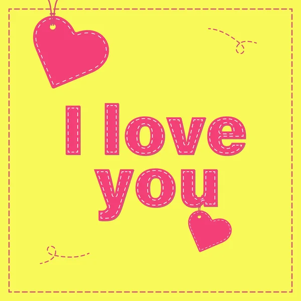Αγαπώ Συρραμμένη Κίτρινη Κάρτα Ροζ Γράμματα Και Ετικέτες Σχήμα Καρδιάς — Διανυσματικό Αρχείο