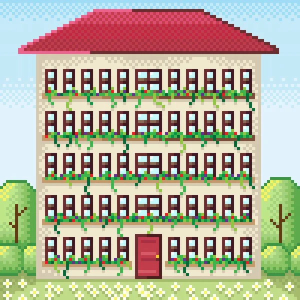 Appartamento Giardino Pixel Art Condominio Pixel Art Immagine Vettoriale — Vettoriale Stock