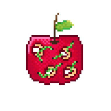 Resim pikseli sanat elması. Vektör resmi. Elmada solucan var..