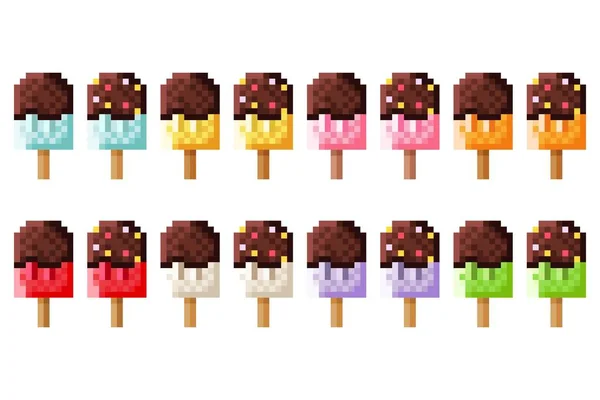 Chocolate Covered Ice Cream Sticks Pixel Art Set Vector Illustration — Stock Vector