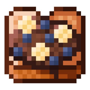 Çikolatalı tost ve muzlu dilimlenmiş yabanmersini pikseli resim. Vektör illüstrasyonu.