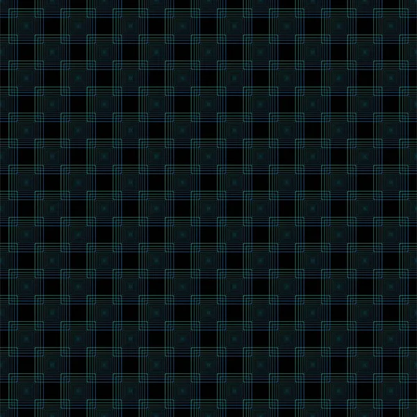 绿色和蓝色叠叠的正方形框架结构在黑色背景上形成无缝技术图案 矢量图解 包装纸 — 图库矢量图片
