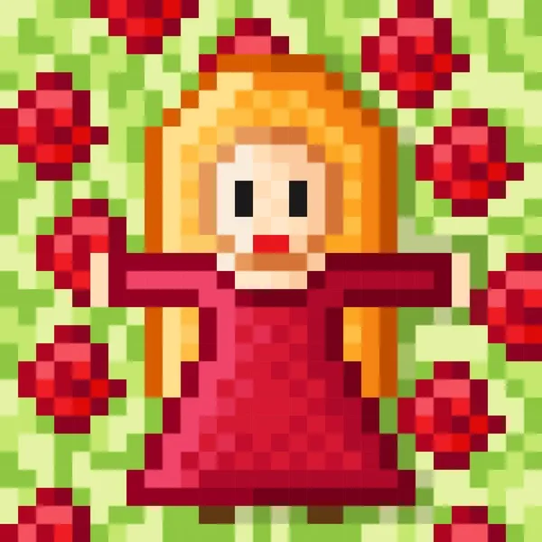 Arte Pixel Personagem Cena Menina Vestido Vermelho Rosa Flor Pixel —  Vetores de Stock