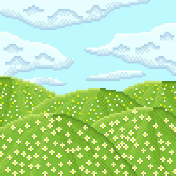Paysage Jardin Fleurs Ciel Sur Sommet Pixel Art Montagne Illustration — Image vectorielle