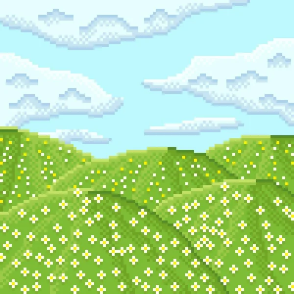 Paisaje Jardín Flores Cielo Parte Superior Montaña Pixel Art Ilustración — Archivo Imágenes Vectoriales