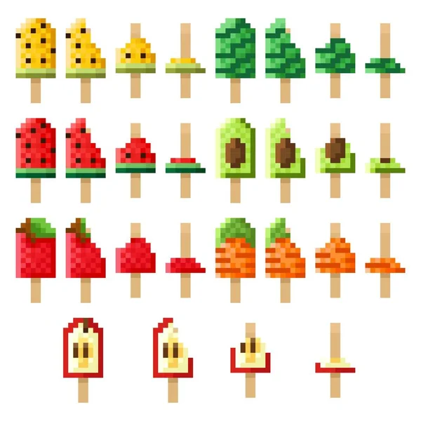 Fruit Vegetable Ice Cream Sticks Pixel Art Set Vector Illustration — Stock Vector