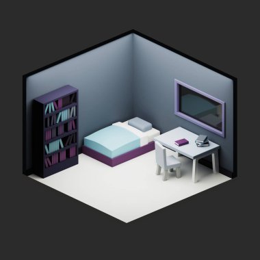 Koyu mor yatak odası Isometric düşük polimerli 3D görüntüleme.
