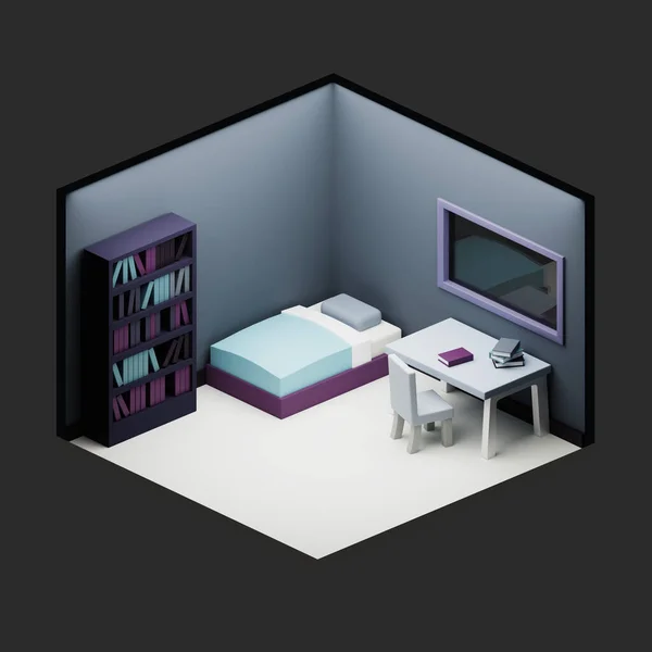 Dark Purple Bedroom Isometric Low Poly Rendering — стоковое фото