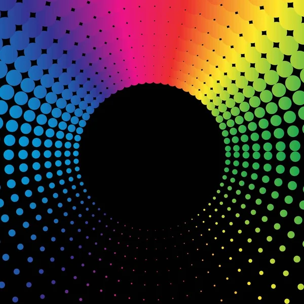 Rainbow Dot Circle Frame Halftone Black Background Vector Illustration — Vetor de Stock
