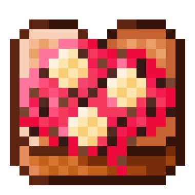 Çikolata dilimlenmiş muz ve çilekli reçelli tost pikseli. Vektör illüstrasyonu.