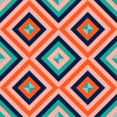 Yeşil, turuncu ve mavi soyut çizgi geometrik köşegen kare dikişsiz desen arkaplanı. Vektör illüstrasyonu.